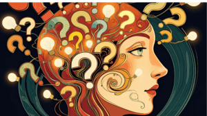 hoofd met vraagtekens en lapjes voor ideeën